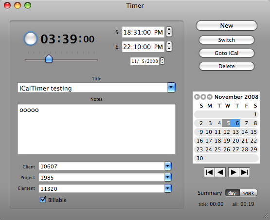 iCal screen shot showing timed work item